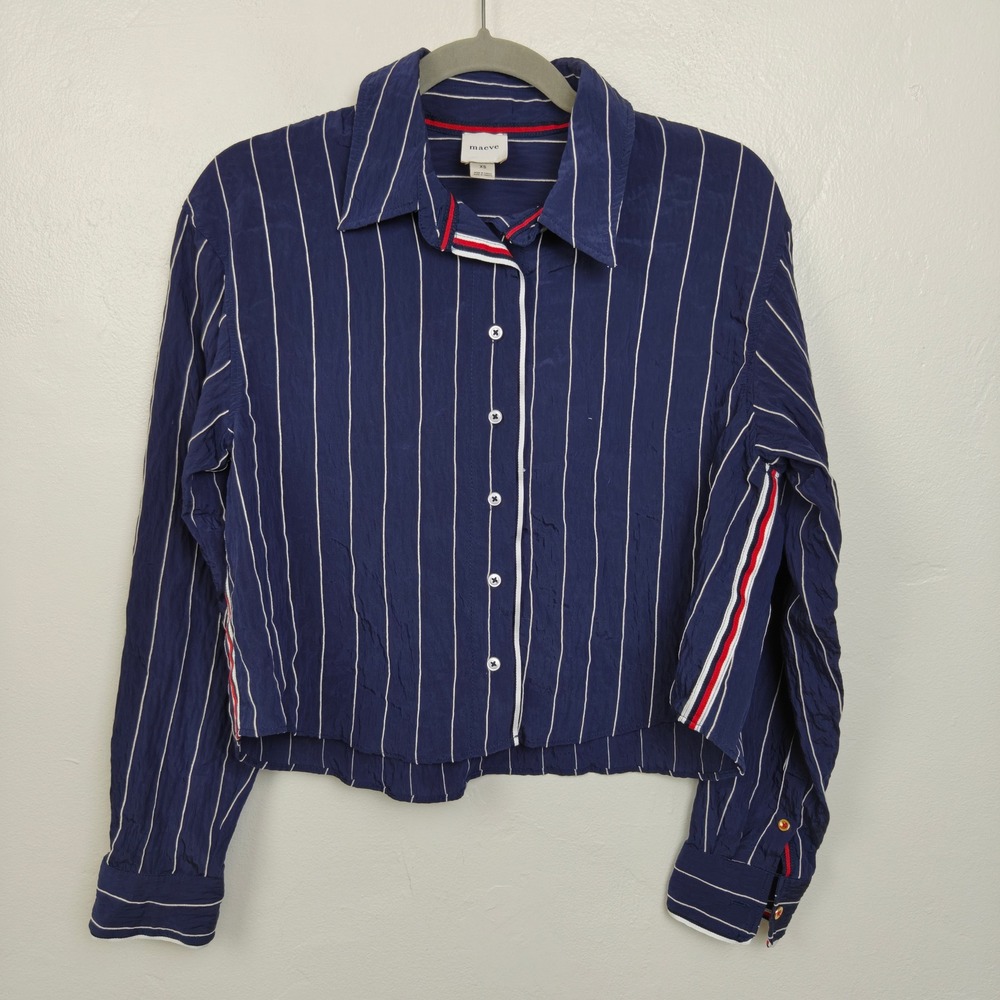 Anthropologie Maeve Pinstripe Silken Buttondown Crop Top Womens XS Navy Blue